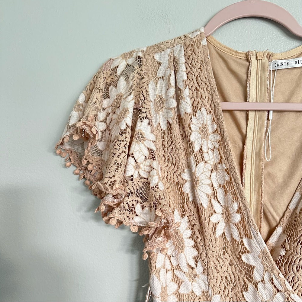 Saints and Secrets Floral Faux Wrap Ruffle Lace Mini Dress - Picture 7 of 15
